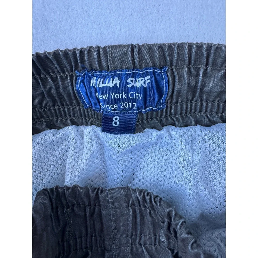 Nilua Surf Boys Swim Trunks Size 8 Gray Aqua Striped Mesh Lined Board Shorts